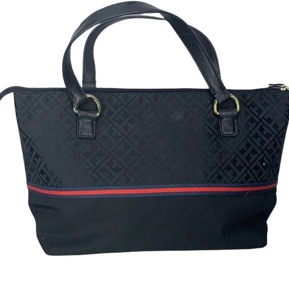 Tommy Hilfiger Black Patterned Zippered Handbag Shoulder Purse - Picture 2 of 7